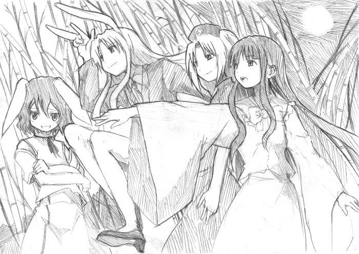4girls, animal_ears, rabbit_ears, female_focus, greyscale, houraisan_kaguya, inaba_tewi, monochrome