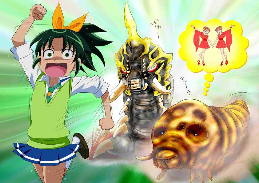 10s, 1girl, baby, battra, bug, caterpillar, crossover, godzilla_(series)