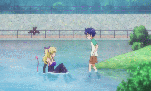 1boy, 1girl, animated, animated_gif, bat_(animal), blonde_hair, bouncing_breasts, breasts, cleavage, couple, demon_girl, demon_tail, demon_wings, large_breasts, lotte_no_omocha!, lowres, mercelida_ygvar, pink_tail, shota, tail, thighhighs, touhara_naoya, twintails, water, wet, wings