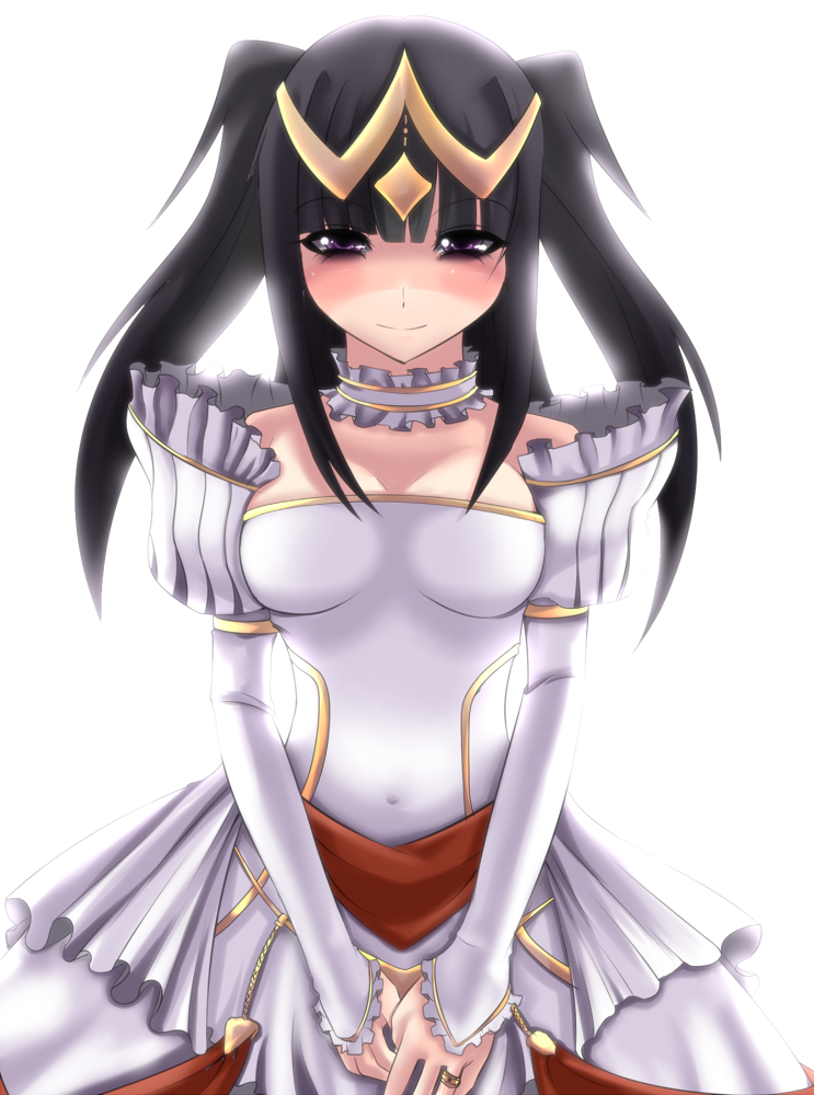 1girl, alternate_costume, black_hair, blush, breasts, choker, cleavage, covered_navel, dress, female_focus, fire_emblem, fire_emblem_awakening, jewelry, long_hair, nintendo, nobunaga1207, ornate_ring, purple_eyes, ring, smile, solo, tharja_(fire_emblem), twintails, two_side_up, wedding_dress, wedding_ring