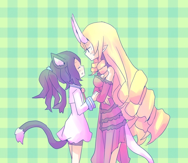 2girls, animal_ears, black_hair, blonde_hair, cat_ears, cat_girl, disgaea, dress