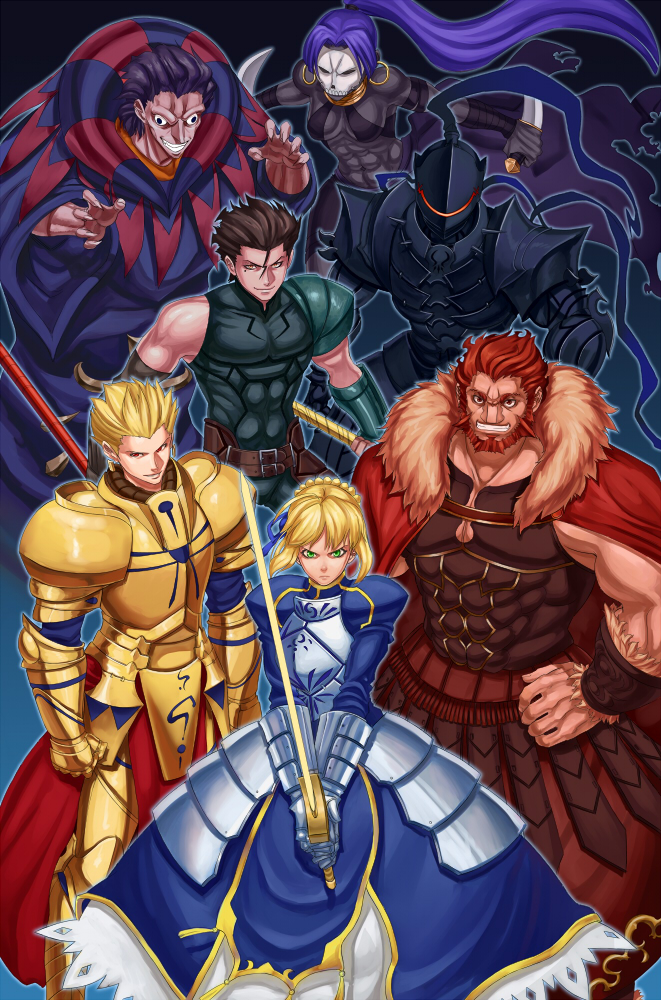 2girls, 5boys, abs, ahoge, armor, armored_dress, artoria_pendragon_(fate), assassin_(fate/zero)