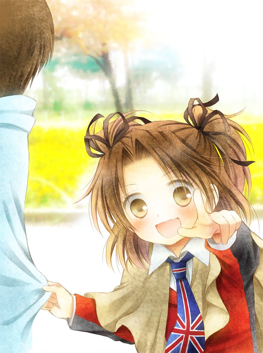 00s, 1girl, brown_eyes, brown_hair, clothes_grab, fang, flag_print, necktie, pointing, print_necktie, grabbing_another's_shirt, sister_princess, solo_focus, twintails, union_jack, uzumaki_panda, yotsuba_(sister_princess)