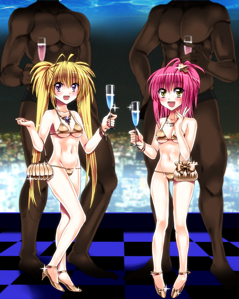 2boys, 2girls, age_difference, ahoge, ankle-strap_heels, bad_id, bad_pixiv_id, bag, bikini, blonde_hair, blush, bracelet, chalice, checkered_floor, cityscape, cup, dark-skinned_male, dark_skin, drink, elbow_carry, floor, hair_cross, hair_ornament, handbag, hetero, high_heels, hinamori_amu, hoshina_utau, interracial, jewelry, long_hair, looking_at_viewer, lowleg, lowleg_bikini, multiple_boys, multiple_girls, nail_polish, necklace, open_mouth, pink_hair, purple_eyes, sen_(sansui), shoes, short_hair, shugo_chara!, standing, swimsuit, twintails, v, very_long_hair, yellow_eyes