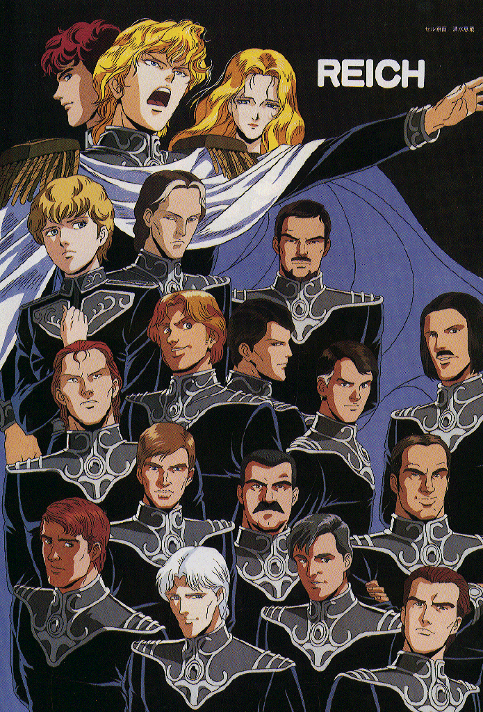 1980s_(style), 2girls, 6+boys, adalbert_von_fahrenheit, annerose_von_grunewald, artist_name, august_samuel_wahlen, black_hair