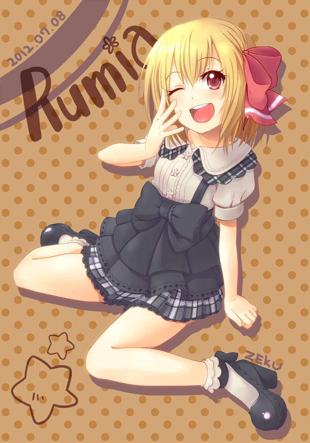 1girl, alternate_costume, bare_legs, blonde_hair, blush, bobby_socks, bow, character_name