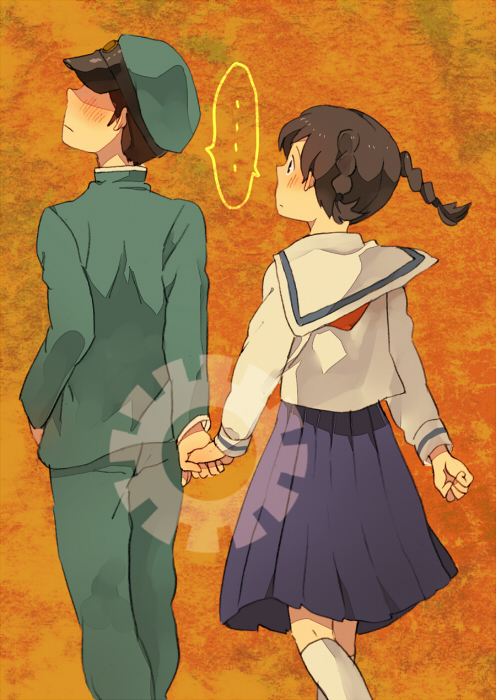 1boy, 1girl, bad_id, bad_pixiv_id, blush, braid, brown_hair, hat