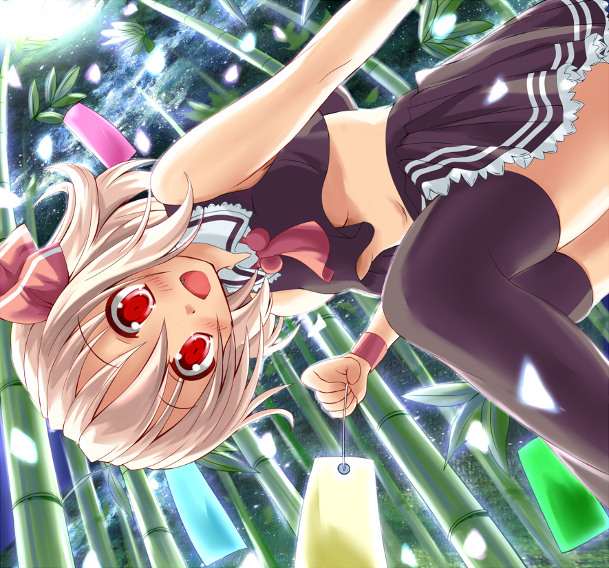 1girl, :d, bamboo, bare_shoulders, black_thighhighs, blonde_hair, blush, breasts