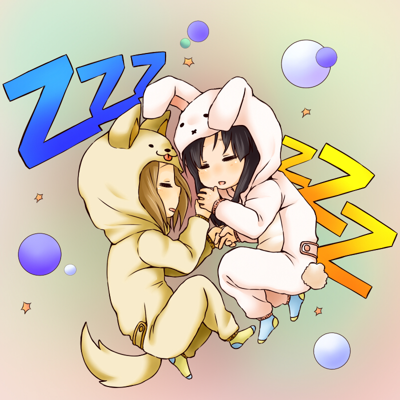 2girls, akiyama_mio, arablue, black_eyes, black_hair, blush, chibi, hime_cut