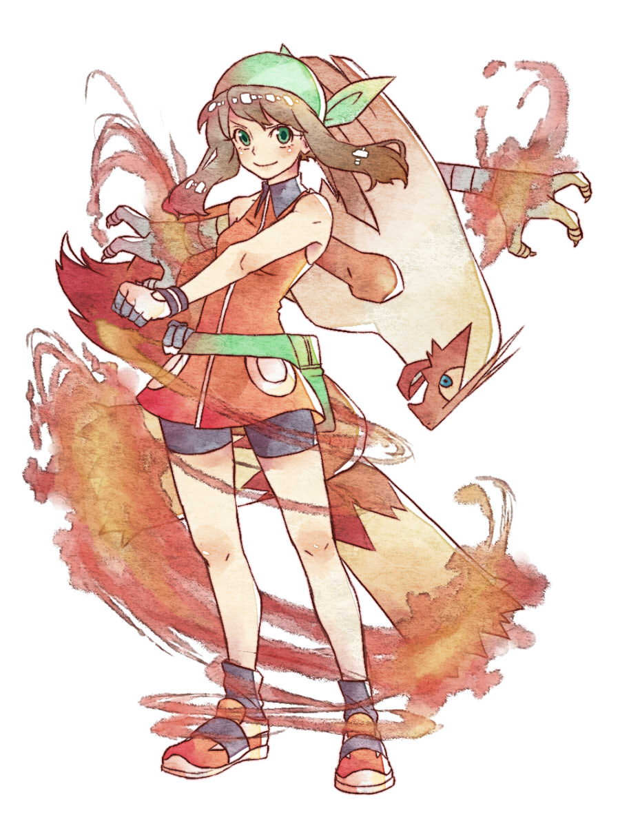 1girl, alternate_eye_color, bag, bandana, bare_arms, bare_shoulders, bike_shorts, black_legwear, blaziken, blue_eyes, blush, brown_hair, claws, clenched_hands, closed_mouth, collared_dress, dress, fanny_pack, female_focus, fire, floating_hair, full_body, gen_3_pokemon, gloves, green_bag, green_bandana, green_eyes, legs, looking_at_viewer, may_(pokemon), may_(pokemon_emerald), multicolored_gloves, naughty_face, nintendo, open_mouth, orange_dress, orange_footwear, outstretched_arm, pokemon, pokemon_(anime), pokemon_(creature), pokemon_ruby/sapphire/emerald, shoes, short_dress, short_hair, sleeveless, sleeveless_dress, smile, sneakers, socks, standing, tomatomikan, white_background, white_gloves
