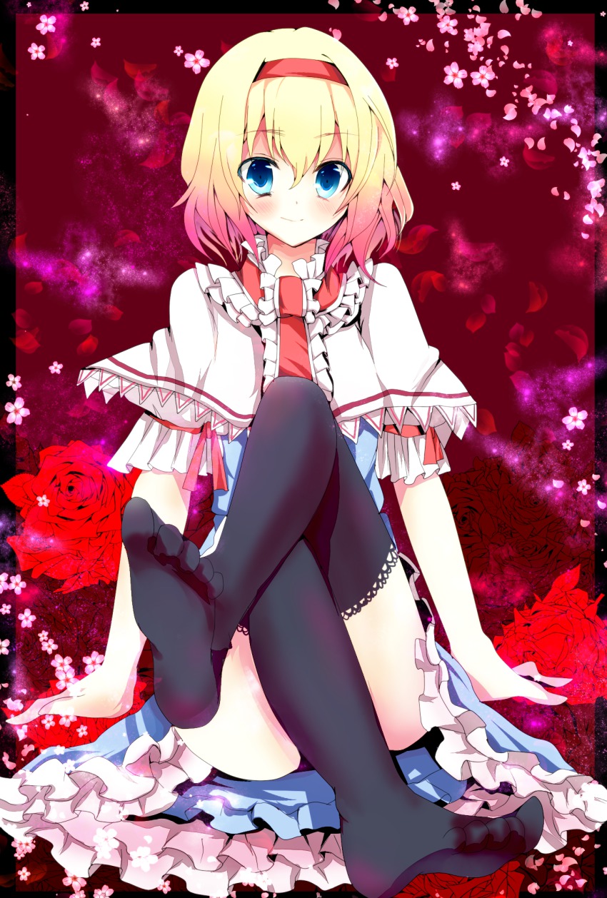 1girl, alice_margatroid, black_thighhighs, blonde_hair, blue_eyes, capelet, cherry_blossoms, crossed_legs, dress, feet, female_focus, flower, foot_focus, hairband, highres, kurekore, no_shoes, petals, red_flower, red_rose, rose, short_hair, sitting, smile, solo, thighhighs, touhou