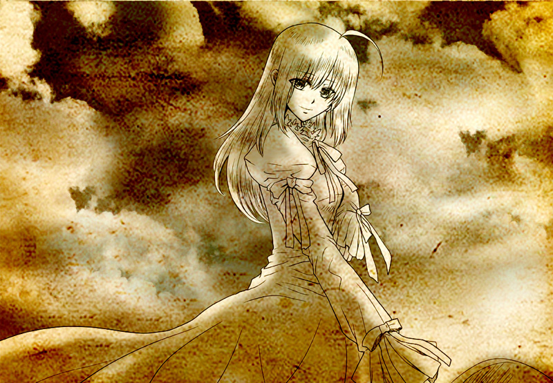 1girl, ahoge, artoria_pendragon_(fate), dress, fate/stay_night, fate_(series), female_focus, green_eyes