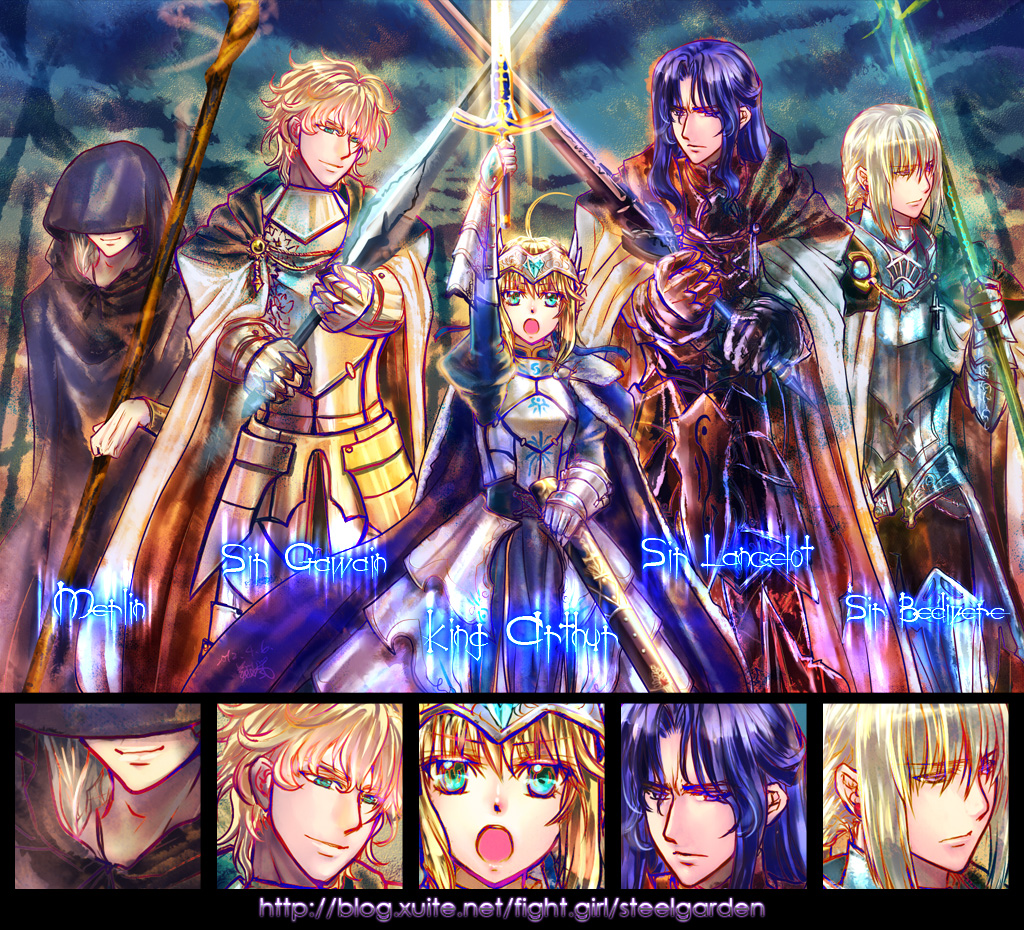 10s, 1girl, 4boys, armor, arondight_(fate), artoria_pendragon_(fate), bedivere_(fate), berserker_(fate/zero)