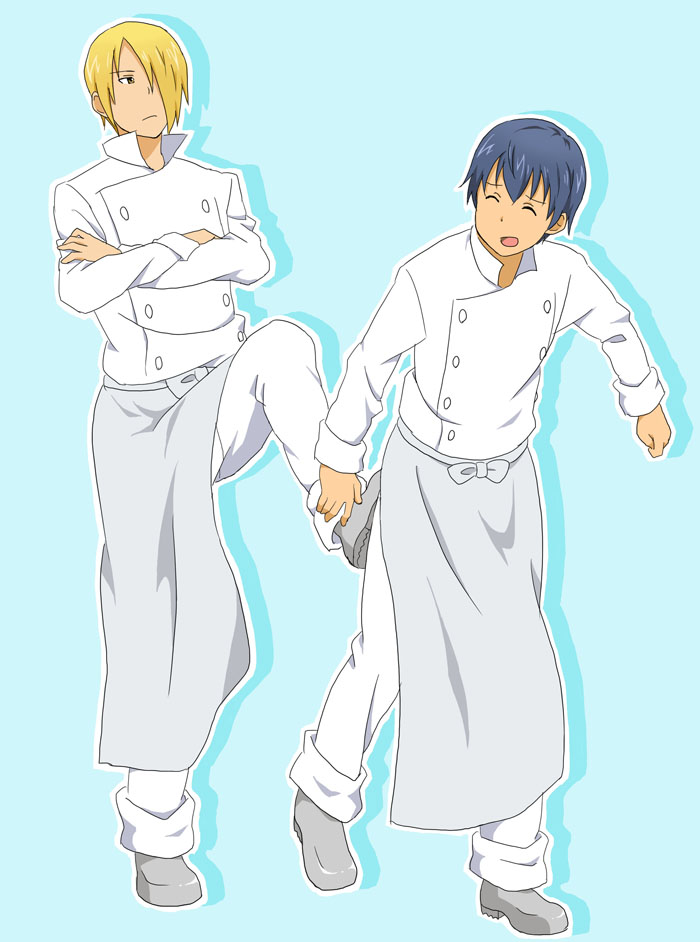 2boys, apron, blonde_hair, blue_hair, chef, donrima, closed_eyes, foot_pushing