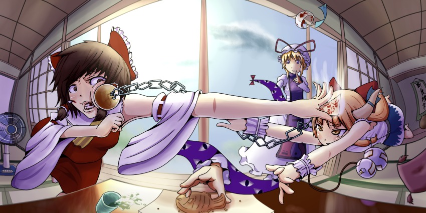 3girls, battle, blonde_hair, blood, broken_tooth, brown_eyes, brown_hair, chain, cup, electric_fan, female_focus, fighting, fisheye, food, gap_(touhou), gourd, green_tea, hakurei_reimu, hanging_scroll, highres, ibuki_suika, kamaboko_bijin, long_hair, multiple_girls, mundane_made_awesome, ofuda, purple_eyes, scroll, short_hair, table, taiyaki, tea, teacup, teeth, tokonoma, touhou, wagashi, wind_chime, yakumo_yukari, yunomi