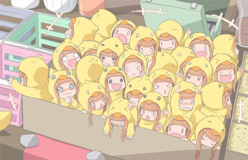 >_<, 1girl, :<, :3, :t, =_=, arms_up, baby_animal, bird, brown_hair, bucket, chibi, chick, chick_costume, closed_eyes, cosplay, ichihara_nina, idolmaster, idolmaster_cinderella_girls, kago_no_tori, kigurumi, long_hair, multiple_persona, o3o, o_o, tears, too_many, x_mouth