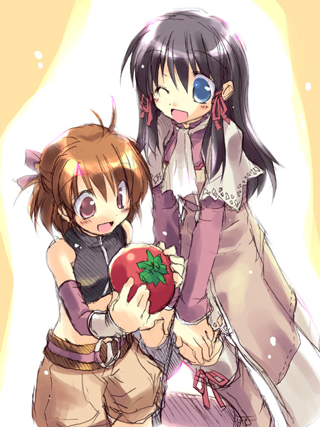 2girls, age_difference, aria_(rune_factory), black_hair, blue_eyes, brown_eyes, brown_hair, food, long_hair, mana_(rune_factory), mother_and_child, mother_and_daughter, multiple_girls, parent_and_child, ribbon, rune_factory, rune_factory_2, satou_kibi, short_hair, tomato