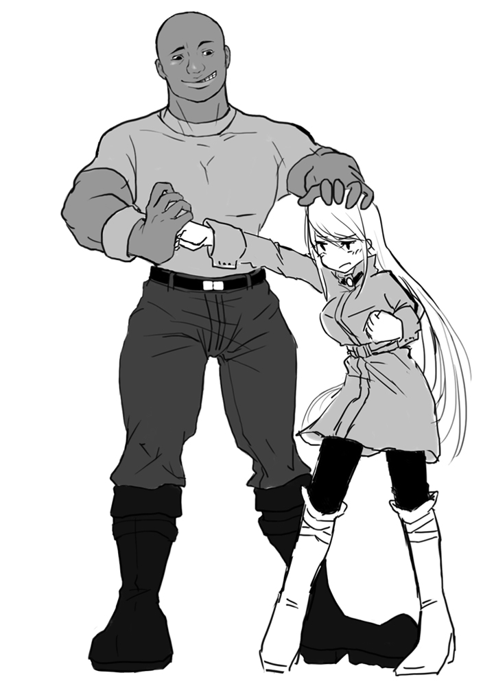 1boy, 1girl, anthony_higgs_(metroid), bald, blush, dark_skin, happy, metroid, metroid:_other_m, nintendo, ru-moiikedoraisumone, samus_aran, size_difference, smile