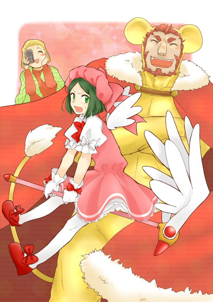 1girl, 2boys, animal_costume, blonde_hair, bob_cut, camera, cardcaptor_sakura, cosplay