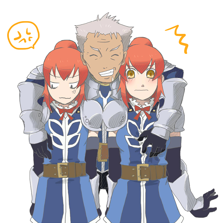 00s, 1boy, 2girls, anger_vein, armor, belt, breasts, chastel_aiheap, closed_eyes, dark_skin, frills, gloves, grabbing_another's_breast, grey_hair, groping, hisca_aiheap, long_hair, multiple_girls, nylen_fedrock, orange_hair, ponytail, ribbon, scar, short_hair, tales_of_(series), tales_of_vesperia, yellow_eyes