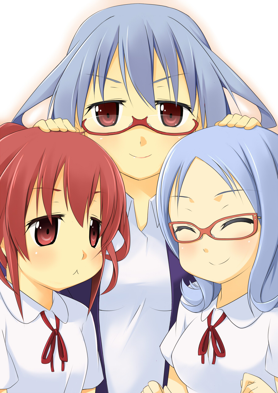 3girls, :<, atago_hiroe, atago_kinue, atago_masae, bad_id, bad_pixiv_id, blue_hair