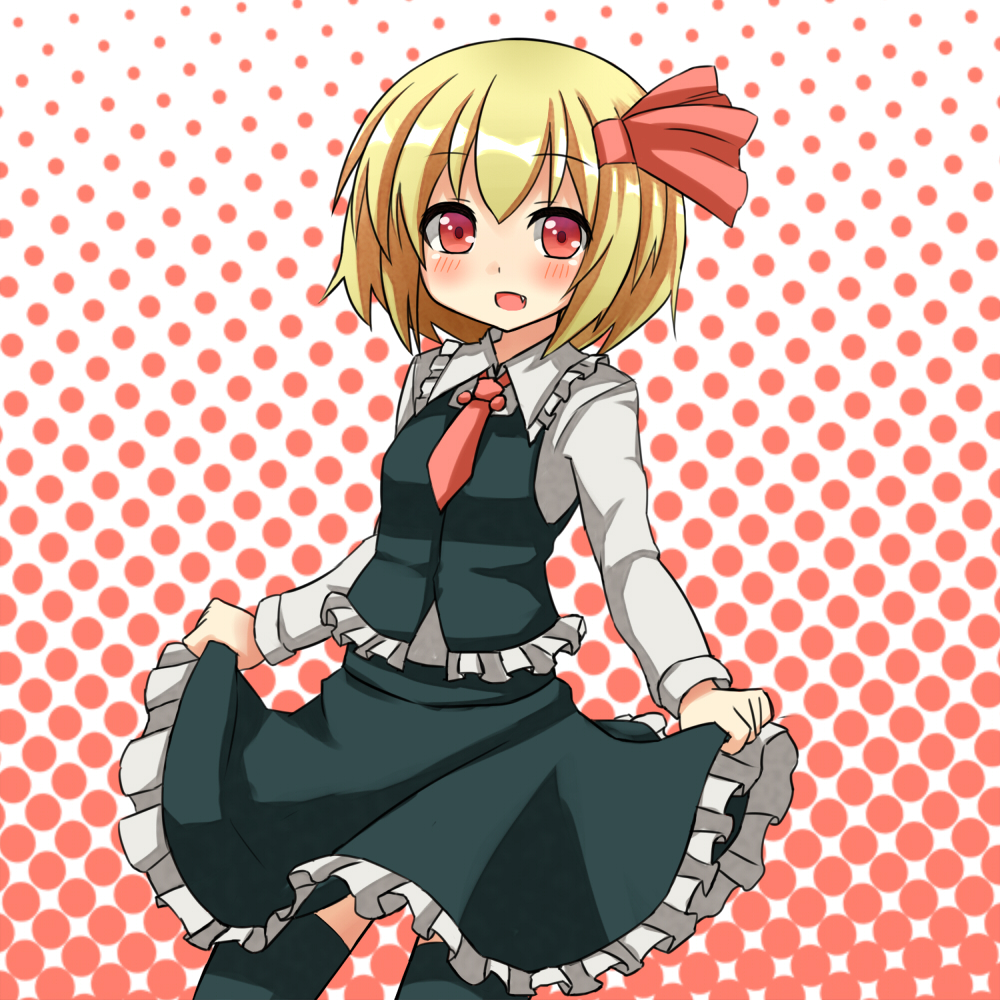 1girl, :d, black_dress, black_thighhighs, blonde_hair, blush, clothes_grab, dress