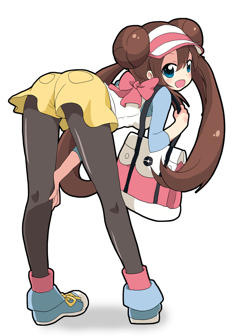 10s, 1girl, ass, bag, bent_over, black_pantyhose, blue_eyes, blush, brown_hair, donut_hair_bun, double_bun, female_focus, hair_bun, handbag, hat, leggings, long_hair, massala, nintendo, pantyhose, pokemon, pokemon_black_2_and_white_2, raglan_sleeves, rosa_(pokemon), shorts, smile, solo, twintails, visor_cap