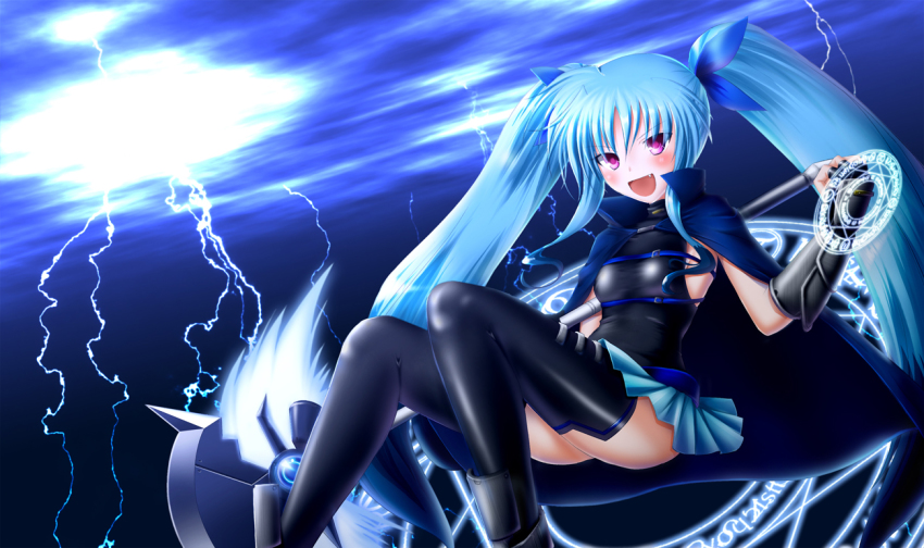 1girl, basa_rutan, belt_bra, black_thighhighs, blue_hair, cyan0114, fang, female_focus
