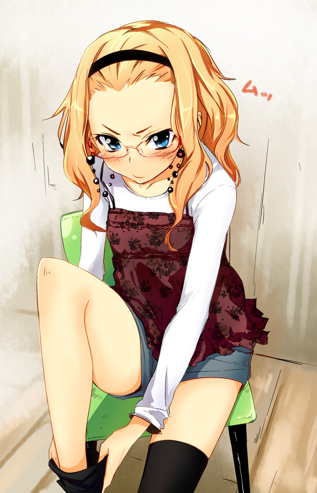 1girl, blonde_hair, blue_eyes, blush, dekomegane, eyewear_strap, female_focus, glasses