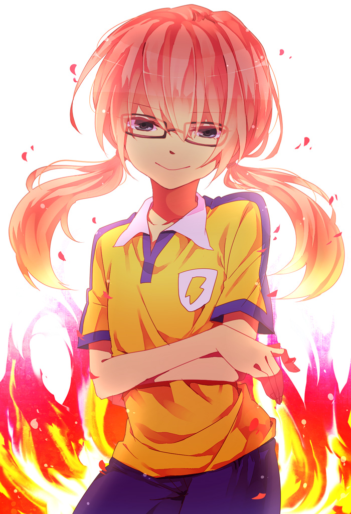 1boy, bad_id, bad_pixiv_id, crossed_arms, fire, glasses, inazuma_eleven, inazuma_eleven_(series)