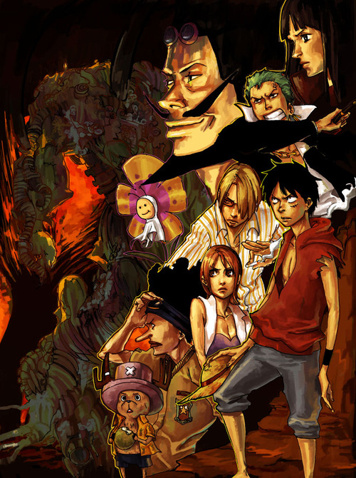 2girls, 5boys, artist_request, black_hair, blonde_hair, blue_eyes, blunt_bangs, breasts, cigarette, cleavage, closed_mouth, facial_hair, flower, glasses, green_hair, hat, monkey_d._luffy, multiple_boys, multiple_girls, nami_(one_piece), nico_robin, omatsuri, one_piece, one_piece:_baron_omatsuri_and_the_secret_island, orange_hair, reindeer, roronoa_zoro, sanji_(one_piece), scar, shirt, striped_clothes, striped_shirt, tony_tony_chopper, torn_clothes, usopp
