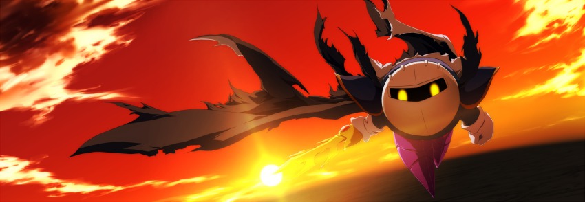 1boy, armor, cape, clenched_hand, cloud, dutch_angle, galaxia_(sword), gauntlets, gloves, glowing, glowing_eyes, highres, kirby_(series), long_image, looking_at_viewer, male_focus, mask, meta_knight, nintendo, no_humans, ocean, orange_sky, pauldrons, radia, shoes, shoulder_armor, sky, solo, sun, sunlight, sunset, sword, torn_cape, torn_clothes, water, weapon, wide_image, yellow_eyes