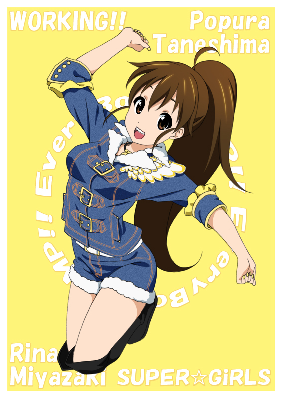 1girl, brown_eyes, brown_hair, cosplay, female_focus, fukuoka_katsumi, jumping, long_hair, ponytail, solo, super_girls, taneshima_popura, thighhighs, working!!