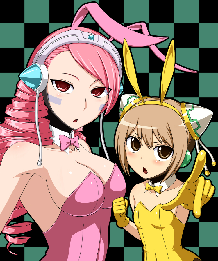 animal_ears, brown_eyes, brown_hair, drill_hair, duel_monster, esper_girl, fake_animal_ears, hair_ornament, long_hair, pataneet, pink_hair, playboy_bunny, pointing, rabbit_ears, red_eyes, serene_psychic_witch, short_hair, yu-gi-oh!, yu-gi-oh!_duel_monsters