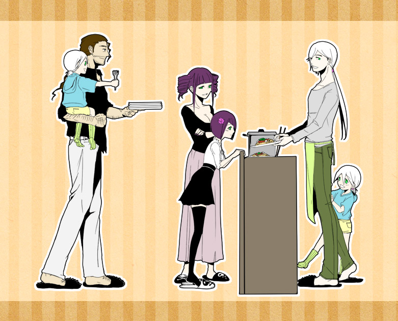 2girls, 4boys, :d, apron, bleach, bleach:_zanpakutou_ibun_hen, blush, breasts, brown_hair, casual, chopsticks, cleavage, dress, drill_hair, facial_hair, food, fork, green_eyes, katen_kyoukotsu, kyouraku_shunsui, large_breasts, long_hair, multiple_boys, multiple_girls, open_mouth, personification, plate, ponytail, pot, purple_hair, short_hair, shorts, siblings, silver_hair, sisters, skirt, slippers, smile, socks, sougyo_no_kotowari, stubble, sumiya, thighhighs, twin_drills, twins, ukitake_juushirou, zettai_ryouiki