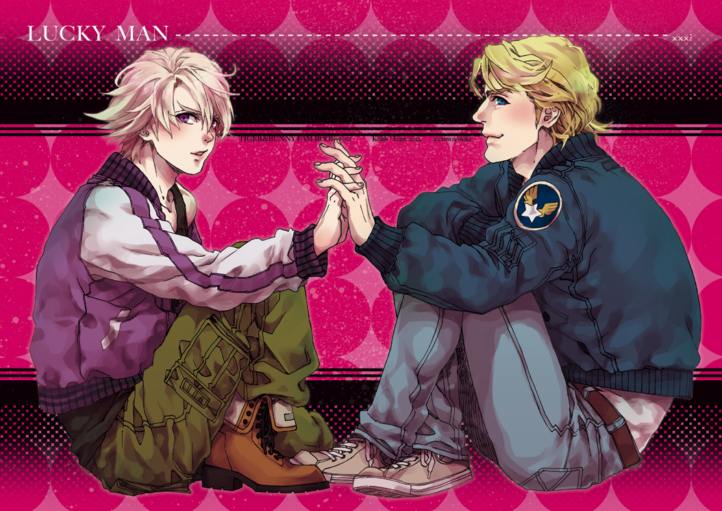 10s, 2girls, bad_id, bad_pixiv_id, blonde_hair, blue_eyes, blue_jacket, bomber_jacket