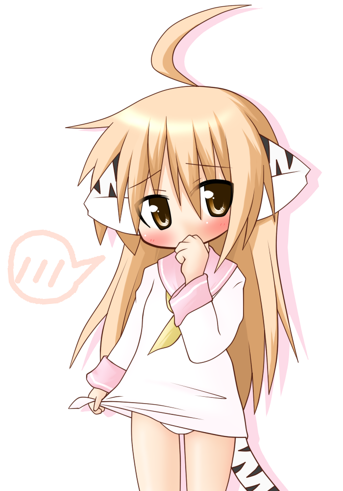 1girl, ahoge, animal_ears, blonde_hair, blush, brown_eyes, clothes_lift, covering_own_mouth