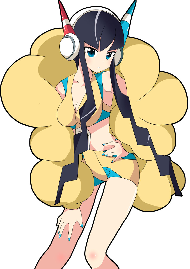 10s, 1girl, bare_legs, black_hair, blue_eyes, coat, elesa_(pokemon), female_focus