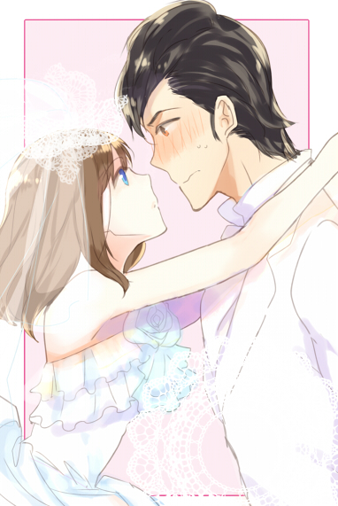 1boy, 1girl, alternate_costume, arms_around_neck, bad_id, bad_pixiv_id, black_hair, blue_eyes