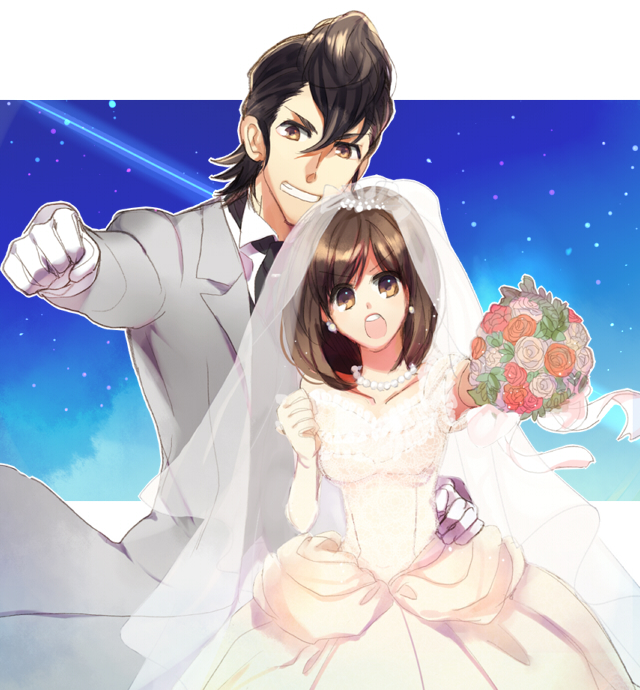 1boy, 1girl, alternate_costume, bad_id, bad_pixiv_id, bouquet, brown_eyes, brown_hair