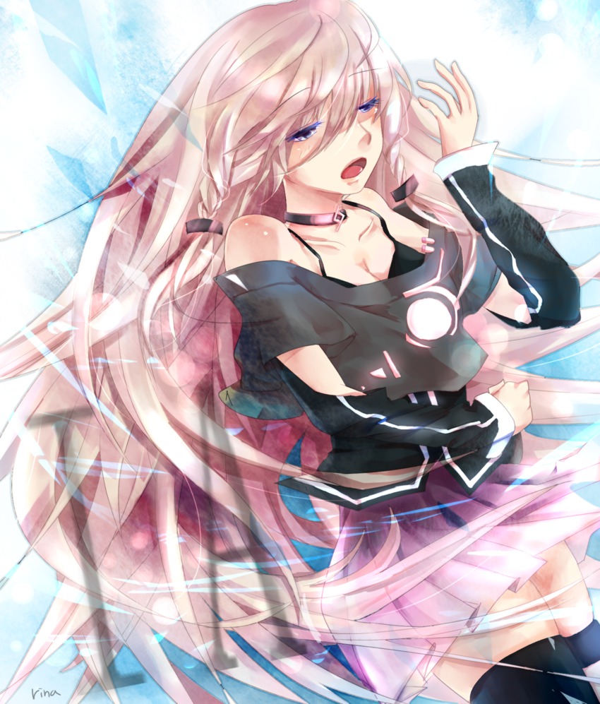 1girl, bare_shoulders, blue_eyes, braid, choker, female_focus, highres, ia_(vocaloid), long_hair, off_shoulder, open_mouth, pink_hair, rina2627, skirt, solo, twin_braids, very_long_hair, vocaloid