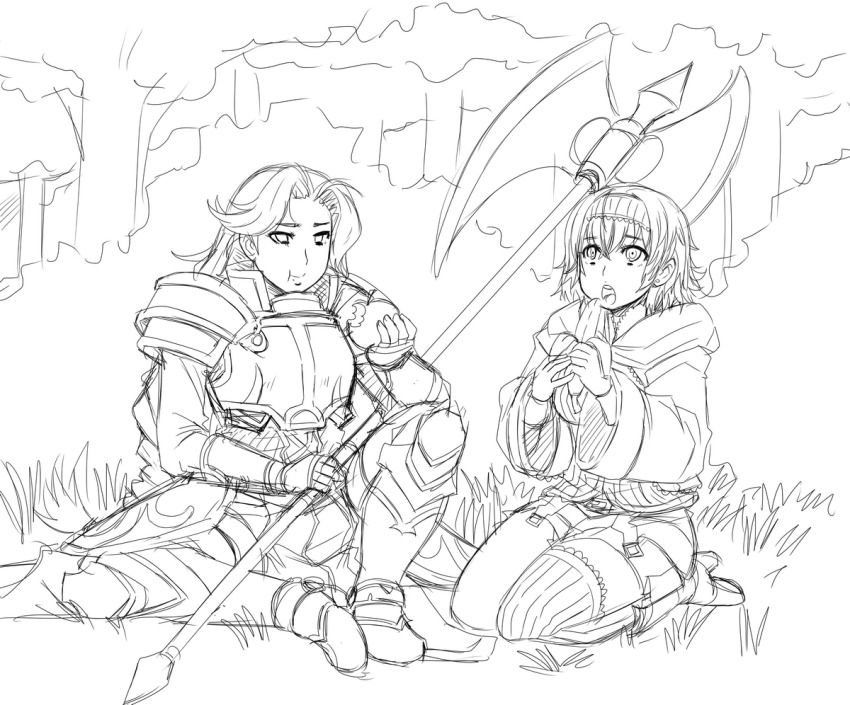 2girls, :t, apple, armor, ashley_(poison_pink), axe, banana, crossover, eating, fire_emblem, fire_emblem:_path_of_radiance, food, fruit, greaves, greyscale, hair_intakes, huge_weapon, kekekeke, long_hair, monochrome, multiple_girls, nintendo, pauldrons, poison_pink, seiza, short_hair, shoulder_armor, single_thighhigh, sitting, sketch, thighhighs, titania_(fire_emblem), vambraces, weapon