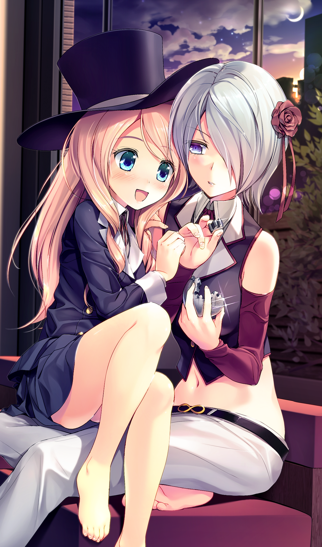 10s, 2girls, :d, barefoot, blonde_hair, blue_eyes, blush, crescent_moon, feet, flower, futago_monad, hair_flower, hair_ornament, hair_over_one_eye, hat, highres, holding, long_hair, melancholy_(phi_brain), midriff, mizerka_(phi_brain), moon, multiple_girls, navel, open_mouth, phi_brain_puzzle_of_god, phi_brain_puzzle_of_god_2, purple_eyes, silver_hair, sitting, sitting_on_lap, sitting_on_person, smile, toes, top_hat, window