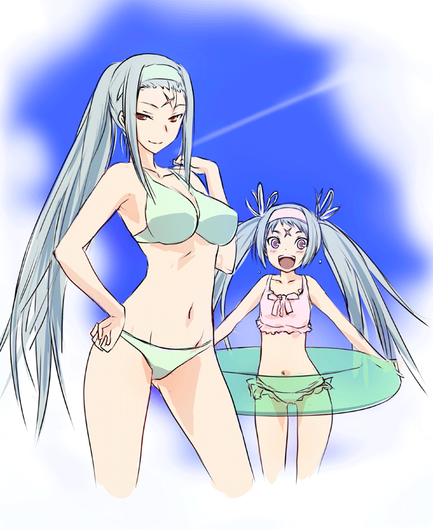 2girls, age_difference, beach, bikini, brown_eyes, kuki_ageha, kuki_monshiro, long_hair