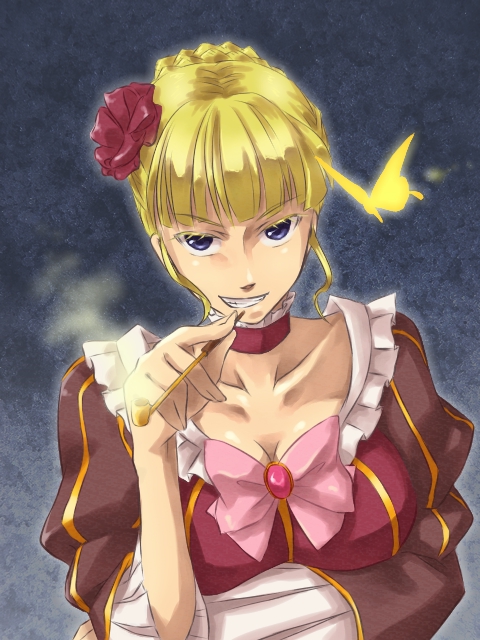 1girl, aokiri_(dolce), bad_id, bad_pixiv_id, beatrice_(umineko), blonde_hair, blue_eyes, bow, breasts, bug, butterfly, choker, female_focus, grin, insect, kiseru, large_breasts, looking_at_viewer, pink_bow, smile, smoking_pipe, solo, umineko_no_naku_koro_ni
