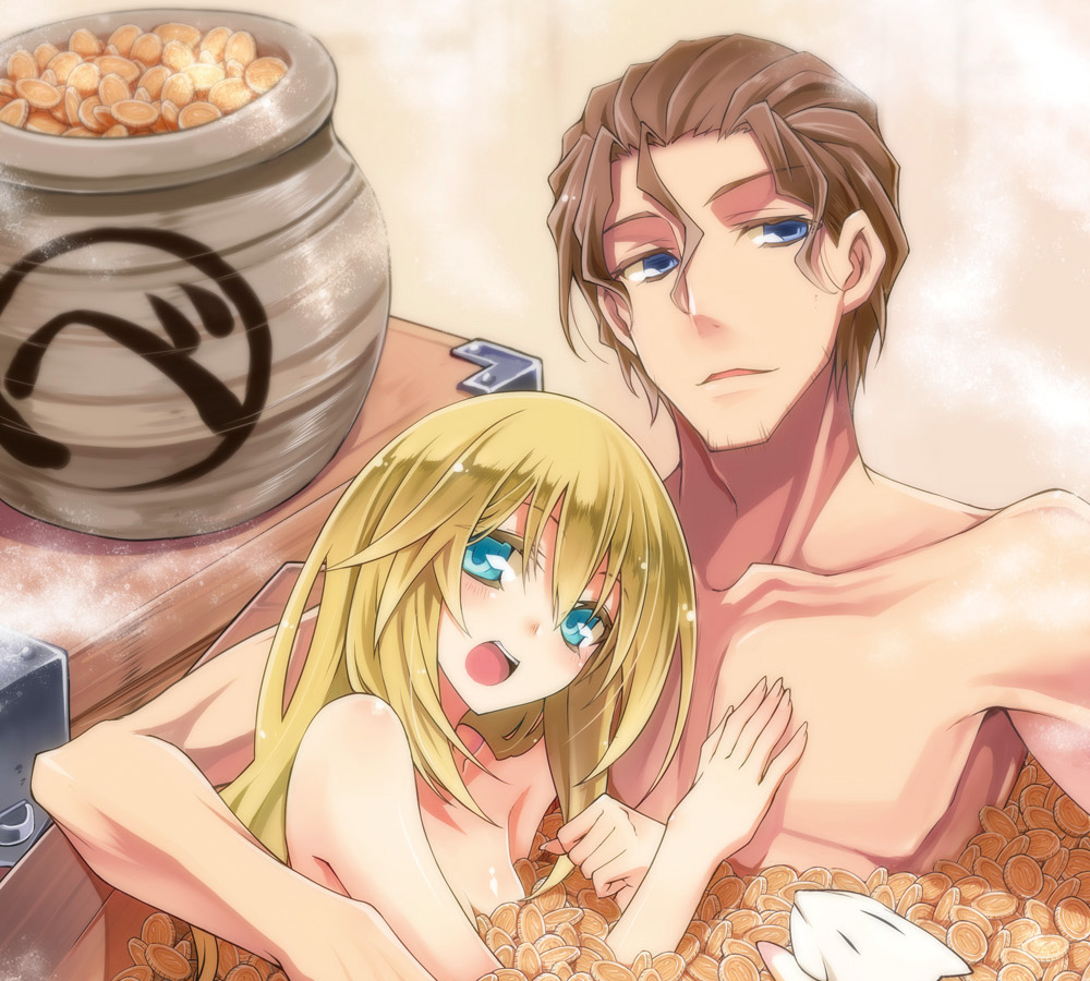 1boy, 1girl, blonde_hair, blue_eyes, brown_hair, coin, heidi_ogezevara, kyoukaisenjou_no_horizon
