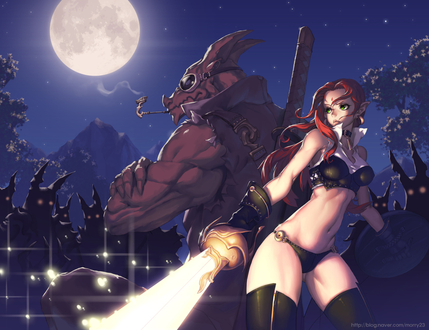 1girl, back-to-back, bad_id, bad_pixiv_id, choker, crop_top, draconian, dragon, earrings, elf, full_moon, gloves, goggles, green_eyes, jewelry, lips, long_hair, midriff, moon, morry, navel, night, original, panties, smoking_pipe, pointy_ears, red_hair, sheath, sheathed, shield, sky, smoking, standing, sword, thighhighs, tree, underwear, watermark, weapon, web_address