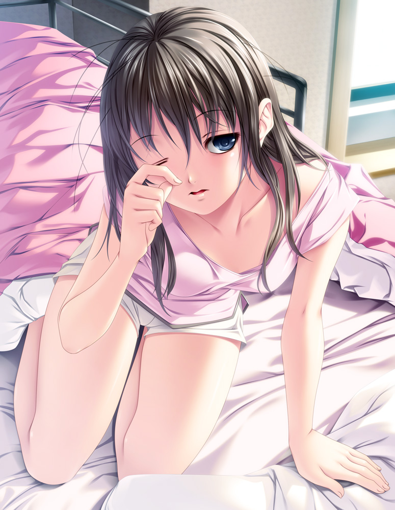 1girl, bed, blue_eyes, brown_hair, collarbone, downblouse, female_focus, long_hair, messy_hair, morning, original, rezi, short_shorts, shorts, sleeping, sleepy, solo, waking, waking_up, wince
