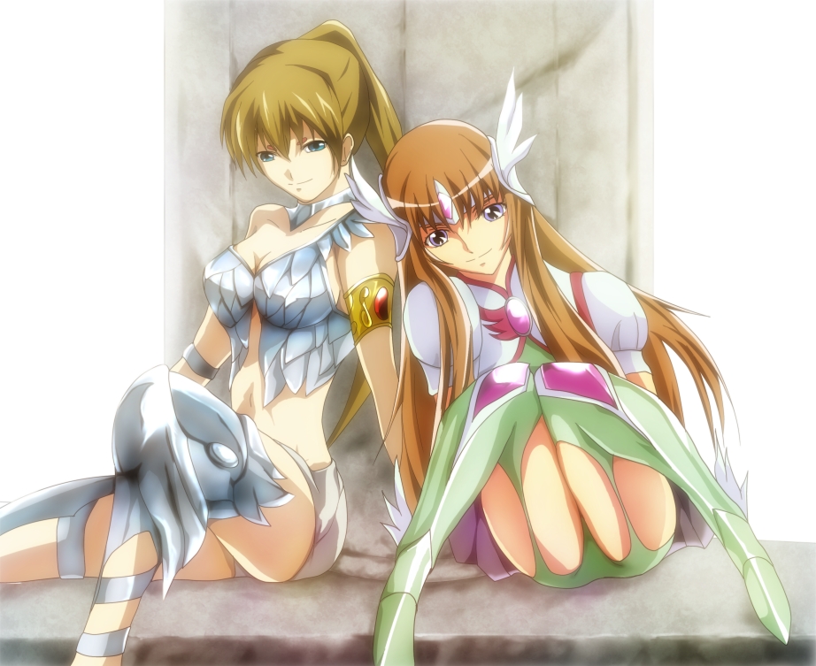 10s, 2girls, amazon_warrior, aquila_yuna, breasts, cleavage, crane_yuzuriha, lemurian, multiple_girls, saint_seiya, saint_seiya_omega, silver