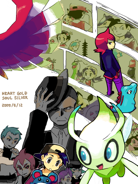 00s, 1990s_(style), alternate_color, archer_(pokemon), ariana_(pokemon), baseball_cap, celebi, dual_persona, egg, ethan_(pokemon), ethan_(pokemon)_(classic), feraligatr, gen_1_pokemon, gen_2_pokemon, giovanni_(pokemon), gyarados, gym_leader, hat, ho-oh, holding, holding_unworn_clothes, holding_unworn_hat, kris_(pokemon), kuboba_(guroppa), kuroba_(tegaki), lance_(pokemon), legendary_pokemon, male_focus, marill, meganium, miltank, morty_(pokemon), multiple_boys, multiple_girls, mythical_pokemon, nintendo, petrel_(pokemon), pichu, pikachu, poke_ball, poke_ball_(basic), pokemon, pokemon_(creature), pokemon_gold/silver/crystal, pokemon_heartgold_and_soulsilver, proton_(pokemon), red_(pokemon), retro_artstyle, shiny_pokemon, silver_(pokemon), starter_pokemon_trio, team_rocket, tegaki, togepi, totodile, typhlosion, unworn_hat, unworn_headwear, whitney_(pokemon)